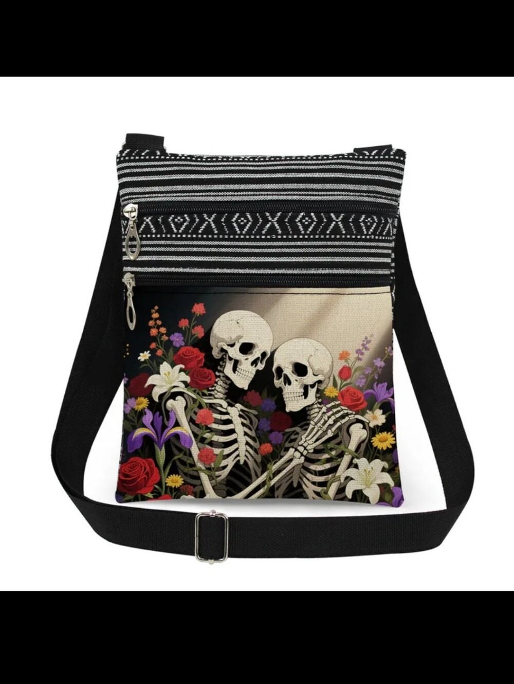 Floral Skeleton Canvas Messenger Crossbody Bag - Black